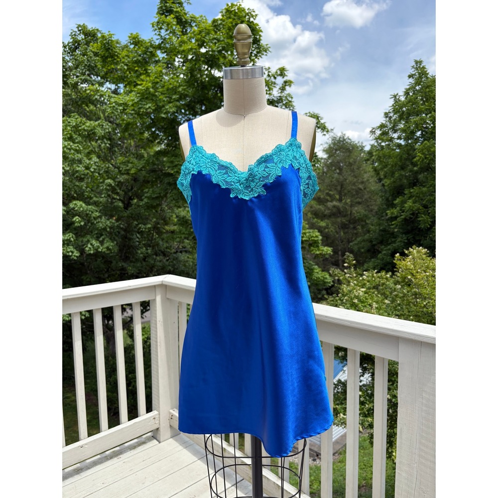 Vintage Satin Slip Dress Small Blue Turquoise Lace Trim Y2K Coquette Jones NY